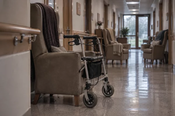 Dans un espace commun d’Ehpad, un déambulateur attend près d’un fauteuil adapté, le long d’une main courante.