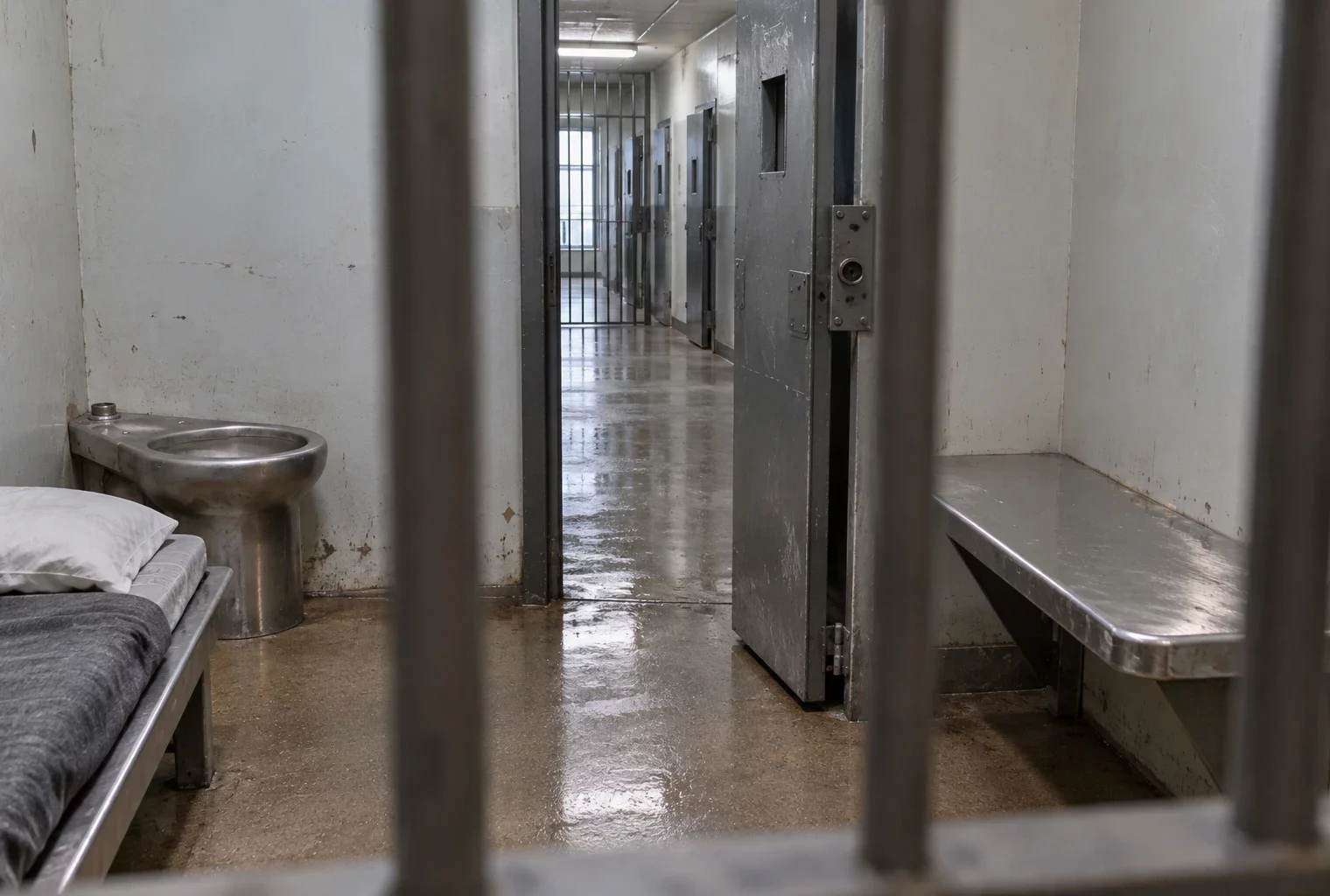 Porte sécurisée entrouverte et banc fixe dans une salle de garde à vue vide, avec un couloir sobre en arrière-plan.