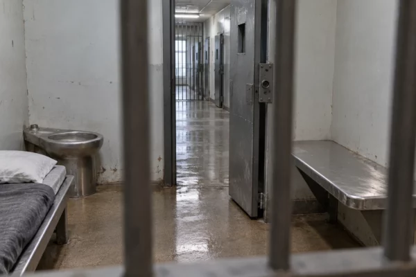 Porte sécurisée entrouverte et banc fixe dans une salle de garde à vue vide, avec un couloir sobre en arrière-plan.