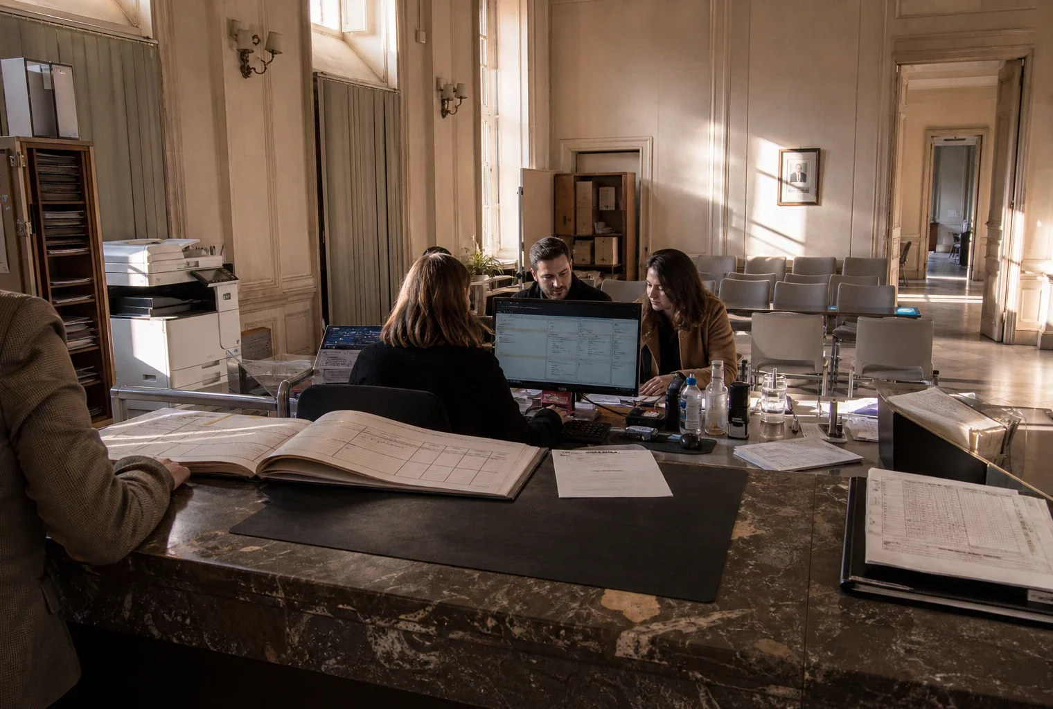 Dans une mairie, le guichet de l’état civil avec registres et dossiers, lieu où se préparent les mariages.