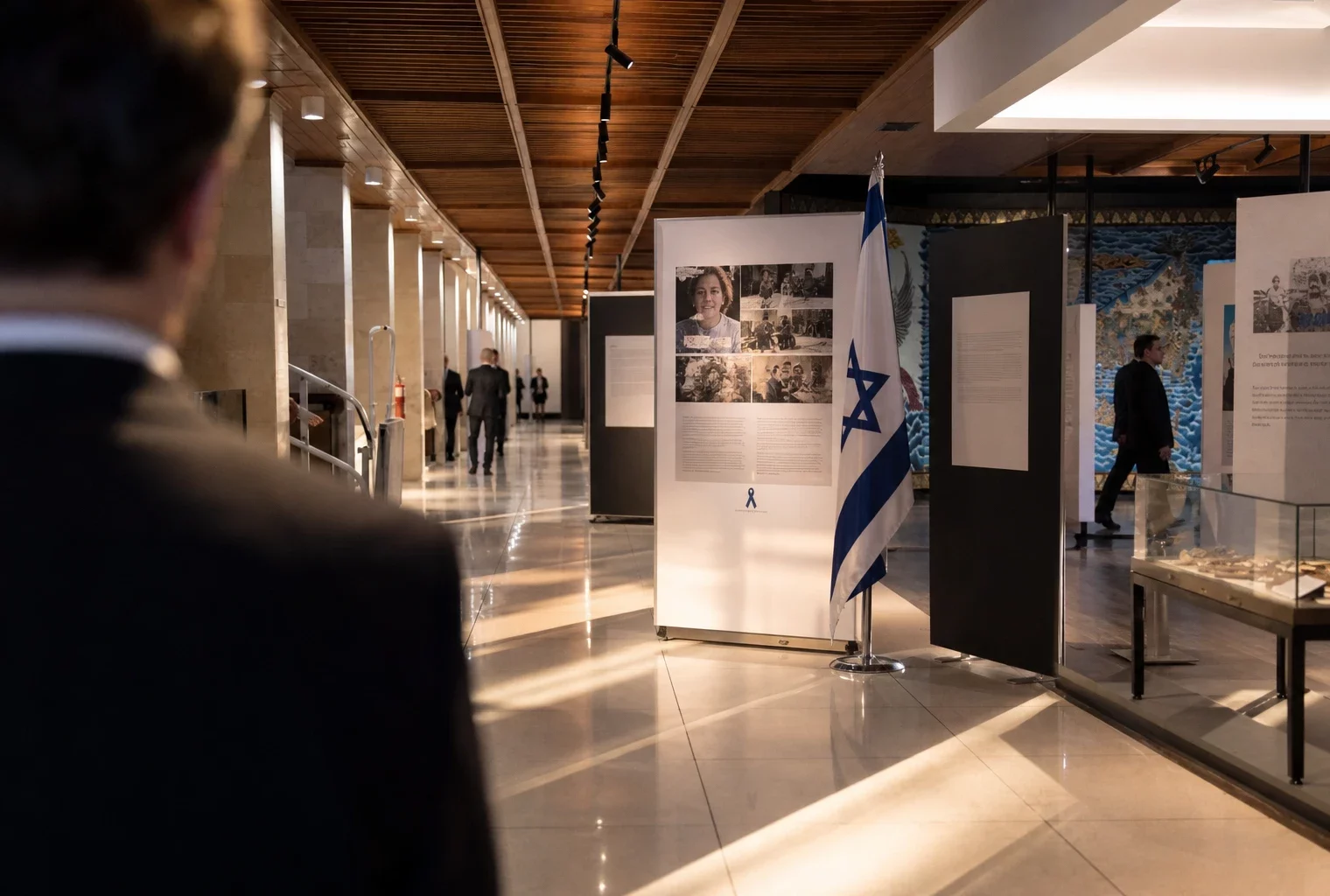 Couloir institutionnel du Parlement européen avec support d’exposition mémoriel, drapeau et panneaux sobres au centre.