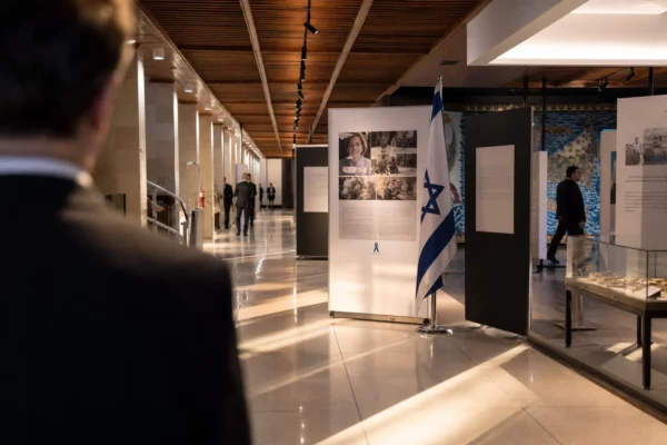 Couloir institutionnel du Parlement européen avec support d’exposition mémoriel, drapeau et panneaux sobres au centre.