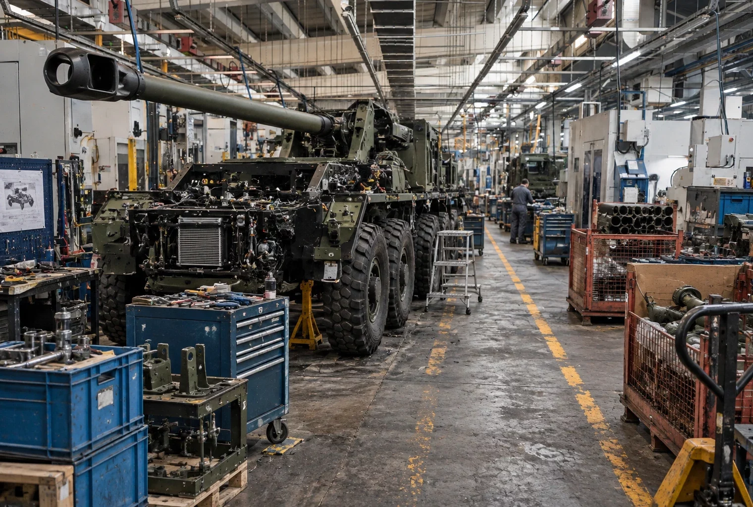Un châssis de canon automoteur Caesar en cours d’assemblage dans un atelier industriel encombré de machines et d’outils.