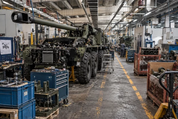 Un châssis de canon automoteur Caesar en cours d’assemblage dans un atelier industriel encombré de machines et d’outils.