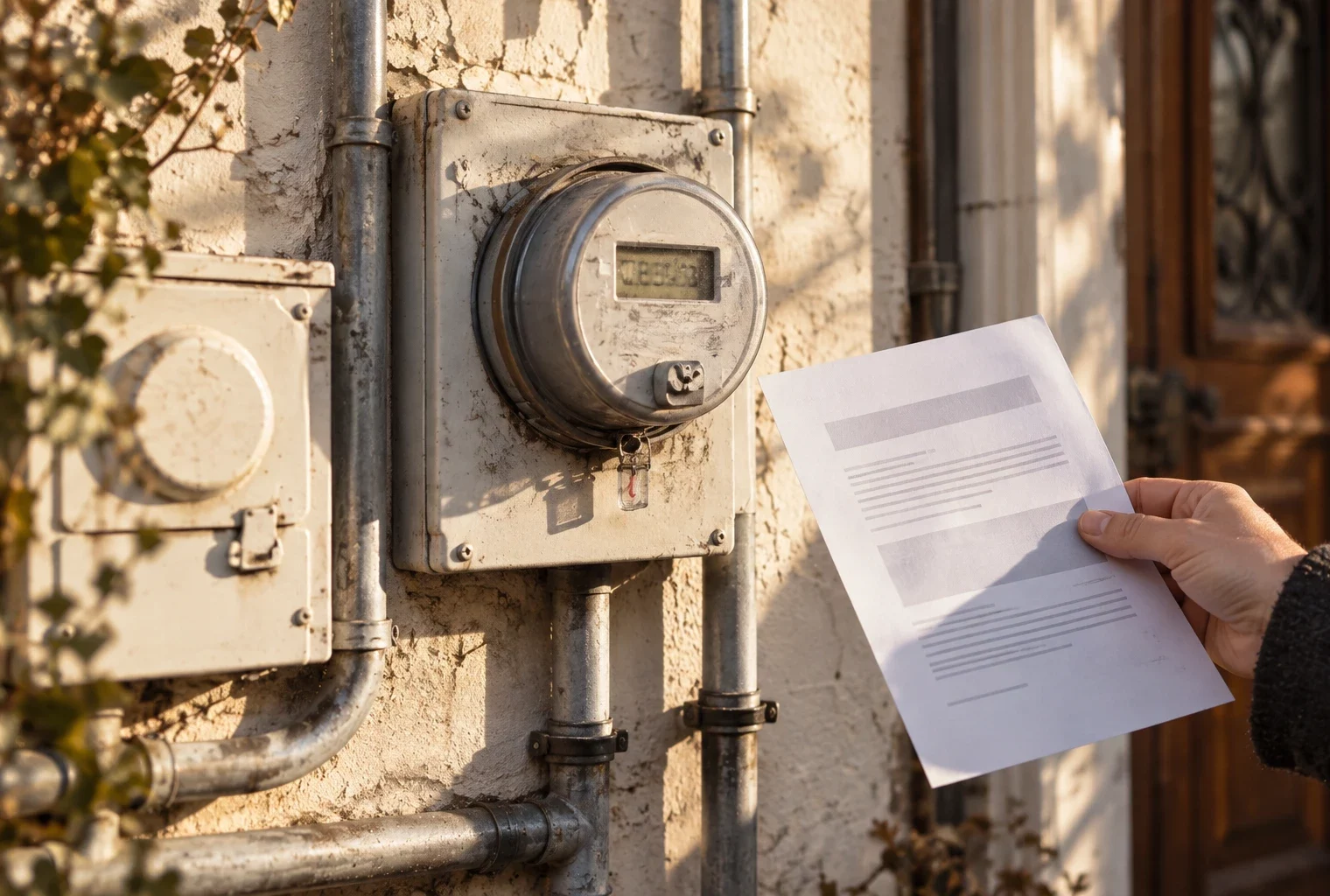 Une main tient une facture d’énergie en papier vierge près d’un compteur électrique usé, dans l’entrée d’un logement.