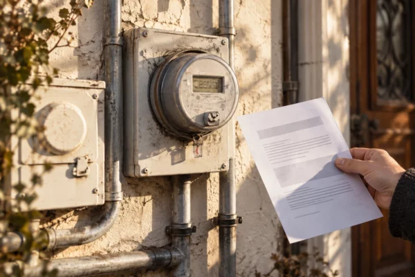 Une main tient une facture d’énergie en papier vierge près d’un compteur électrique usé, dans l’entrée d’un logement.