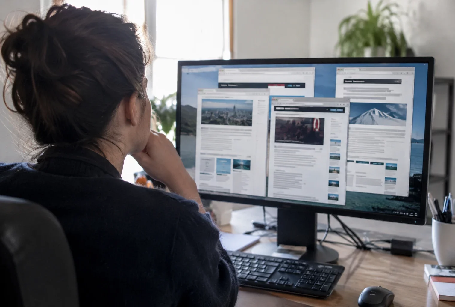 Un écran d’ordinateur affiche plusieurs pages web aux mises en page d’articles, sans texte lisible ni logo identifiable.