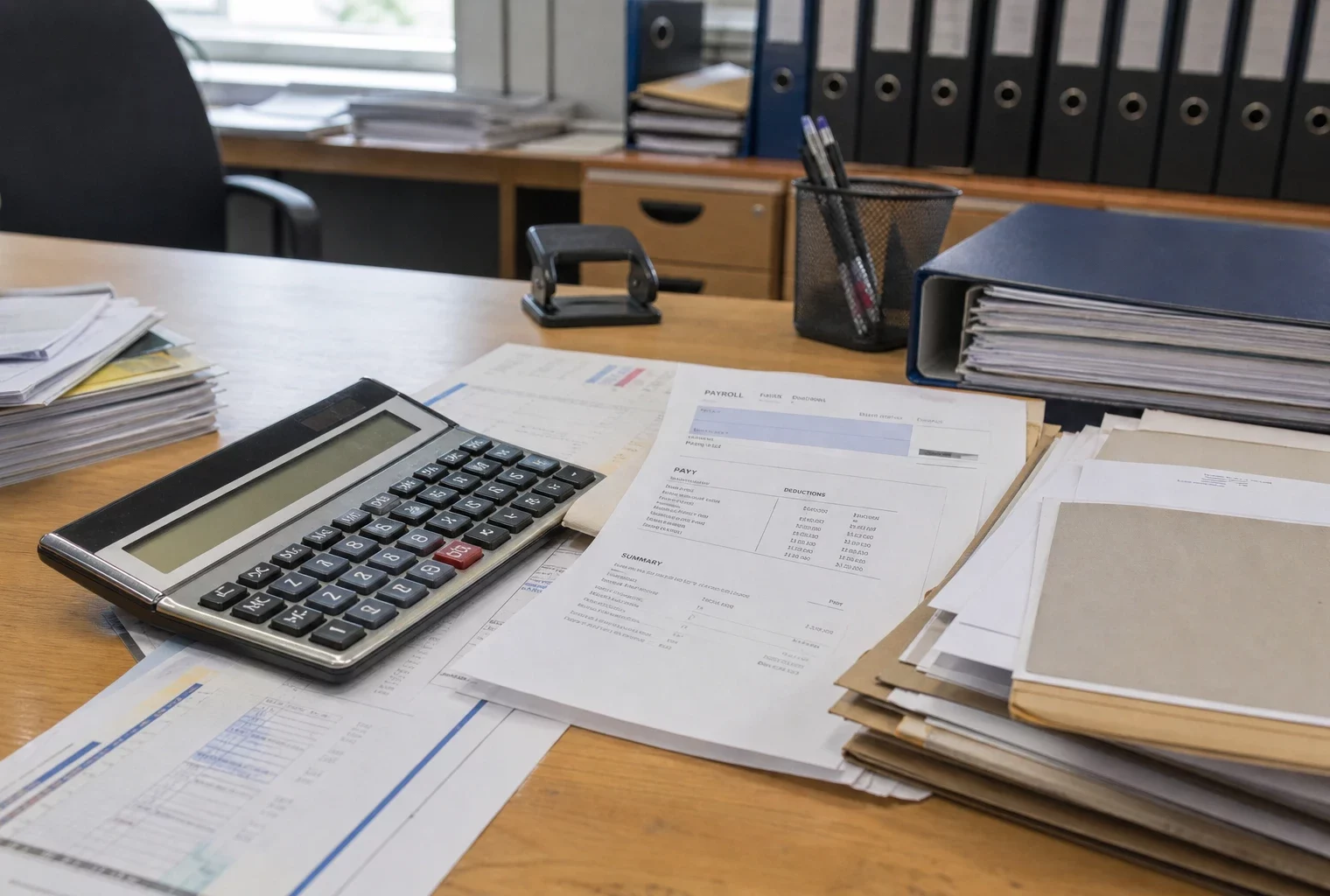 Fiche de paie posée près d’une calculatrice et de dossiers sur un bureau de paie éclairé par la lumière du jour.