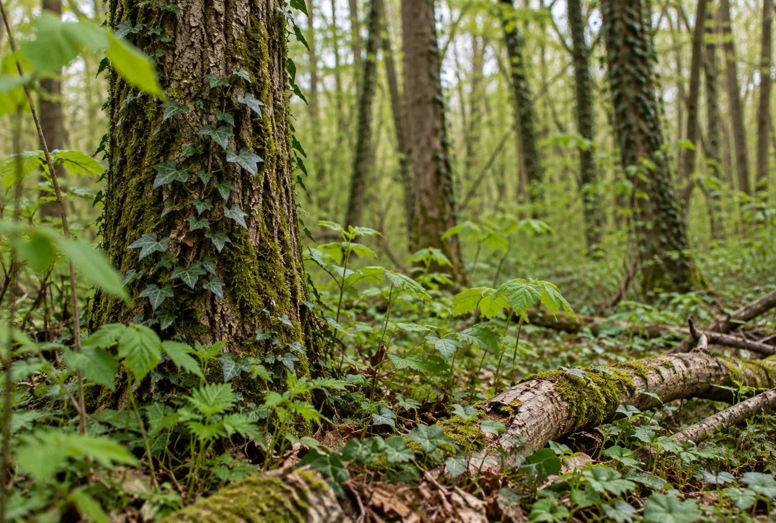 Détail rapproché d’un tronc et du sous-bois d’une forêt française, avec d’autres arbres qui se prolongent en arrière-plan.