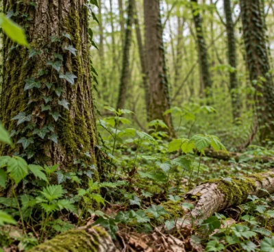 Détail rapproché d’un tronc et du sous-bois d’une forêt française, avec d’autres arbres qui se prolongent en arrière-plan.