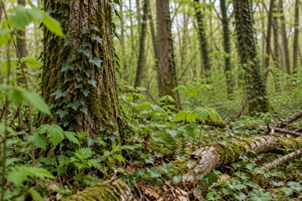 Détail rapproché d’un tronc et du sous-bois d’une forêt française, avec d’autres arbres qui se prolongent en arrière-plan.