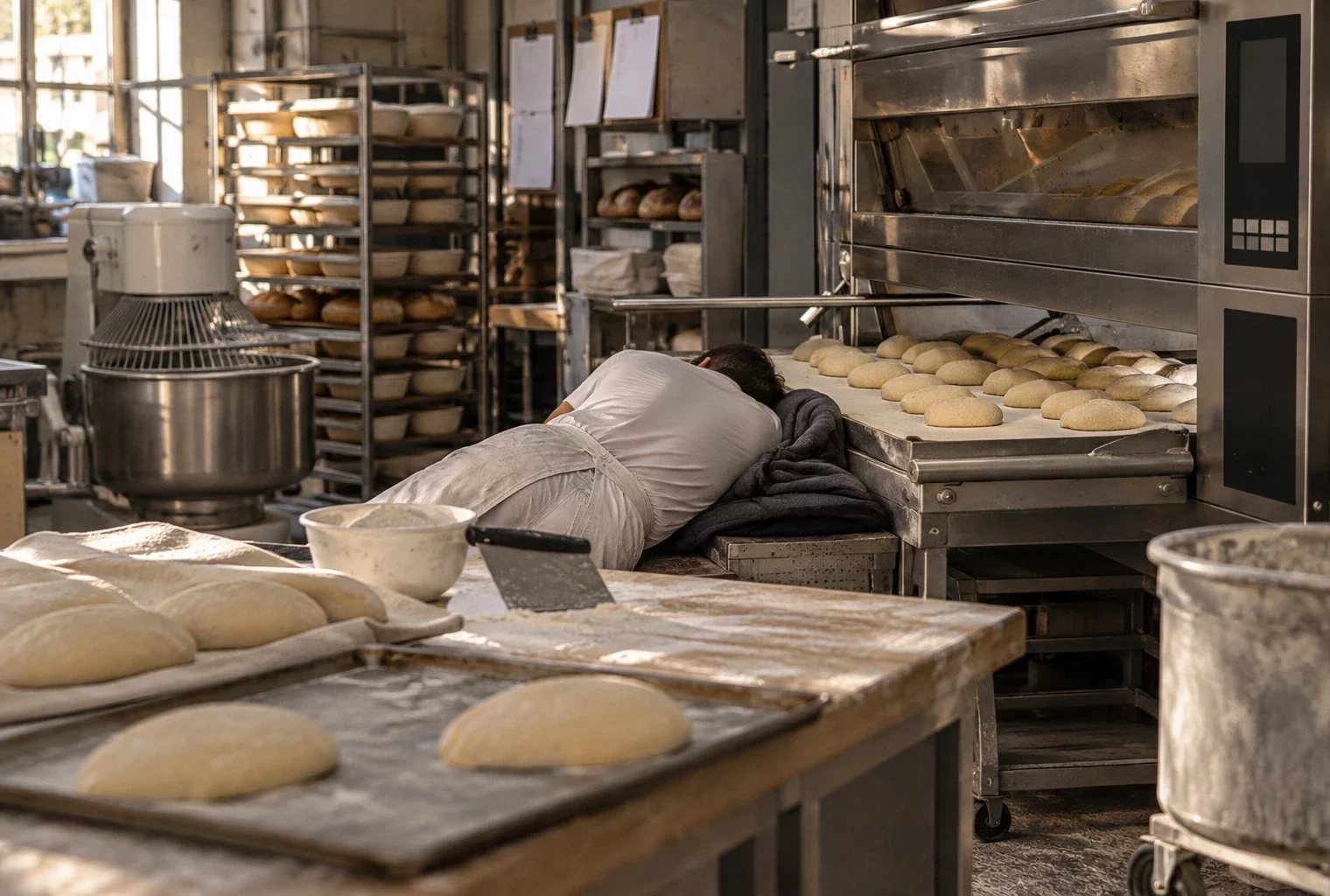 Dans l’arrière-boutique d’une boulangerie, un travailleur dort près du four, au milieu des plaques et du matériel de préparation.