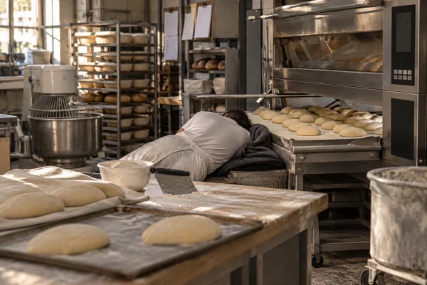 Dans l’arrière-boutique d’une boulangerie, un travailleur dort près du four, au milieu des plaques et du matériel de préparation.