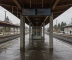 Quai modernisé d’une gare d’ex-RDA sous la pluie, avec voies, panneaux sobres et bâtiment rénové en arrière-plan.