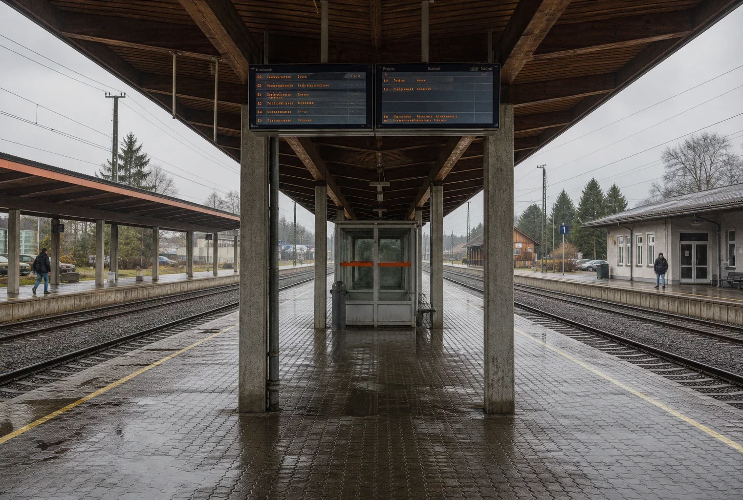 Quai modernisé d’une gare d’ex-RDA sous la pluie, avec voies, panneaux sobres et bâtiment rénové en arrière-plan.
