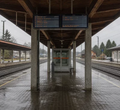 Quai modernisé d’une gare d’ex-RDA sous la pluie, avec voies, panneaux sobres et bâtiment rénové en arrière-plan.