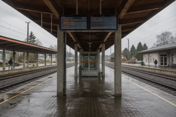 Quai modernisé d’une gare d’ex-RDA sous la pluie, avec voies, panneaux sobres et bâtiment rénové en arrière-plan.