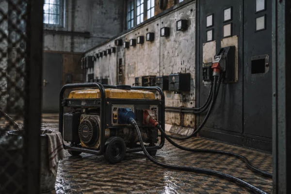 Un générateur électrique portable relié à un tableau de distribution dans un local technique aux équipements usés.