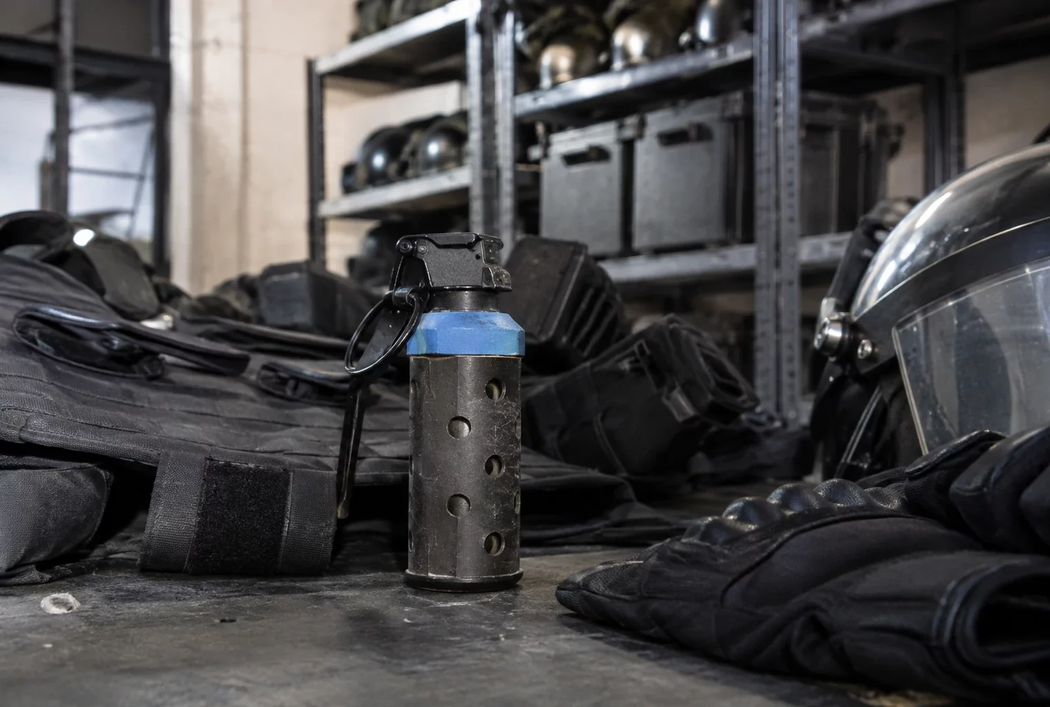 Grenade assourdissante inerte posée parmi du matériel de maintien de l’ordre rangé sur des étagères métalliques.