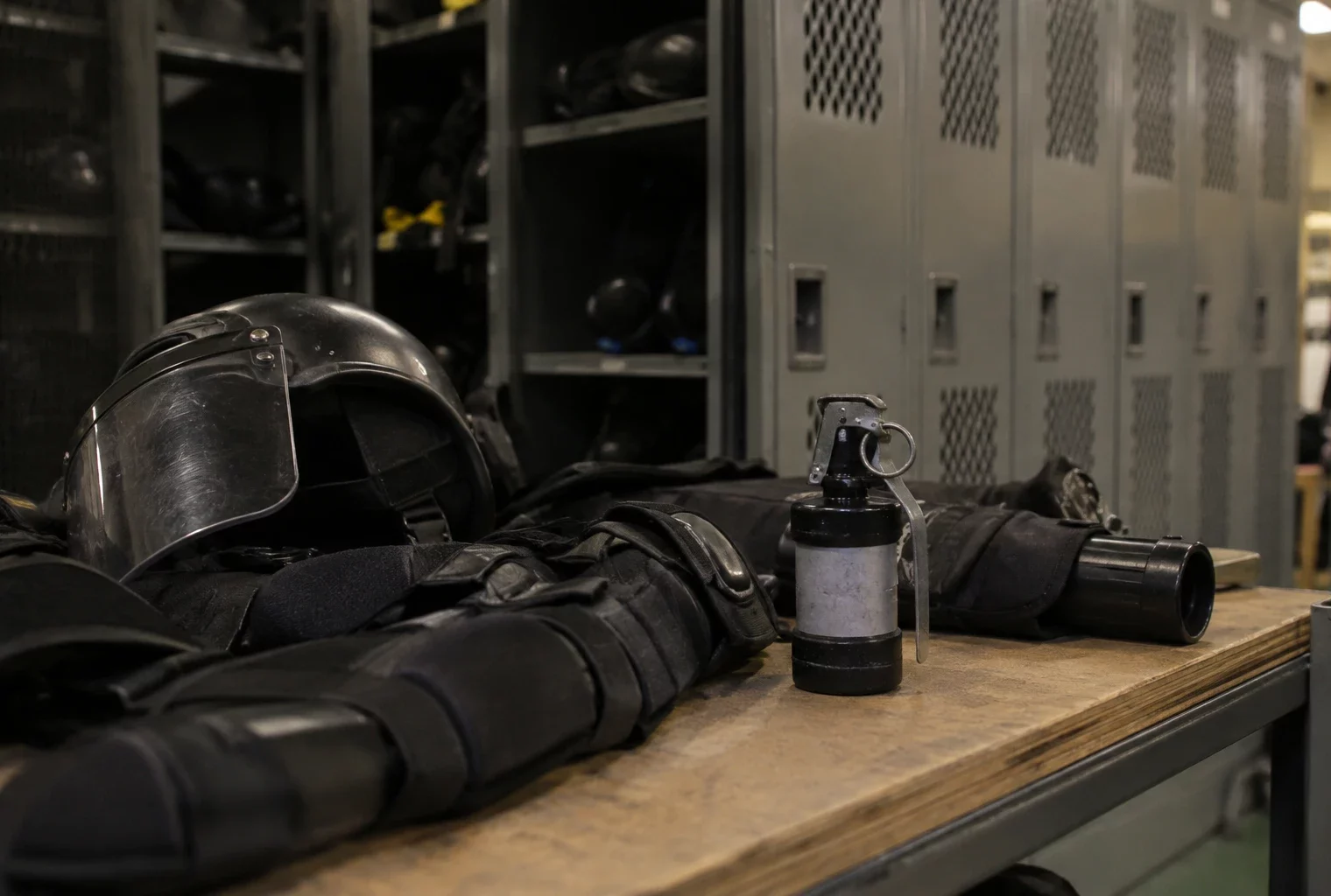 Une grenade assourdissante rangée parmi des équipements de protection dans un espace de stockage de matériel de maintien de l’ordre.
