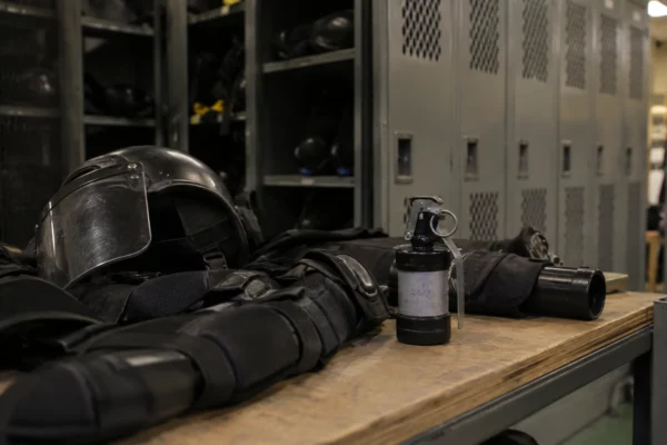 Une grenade assourdissante rangée parmi des équipements de protection dans un espace de stockage de matériel de maintien de l’ordre.