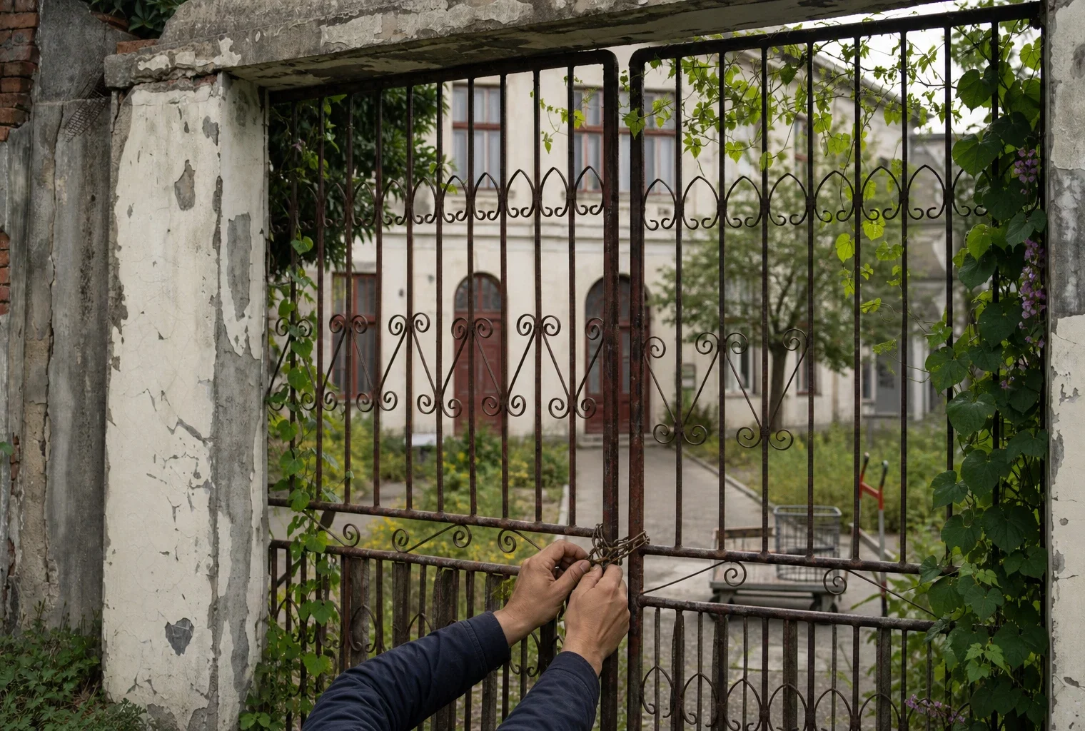 Grille d’entrée usée d’un lycée public français, mains sur la chaîne, façade scolaire et cour en arrière-plan.