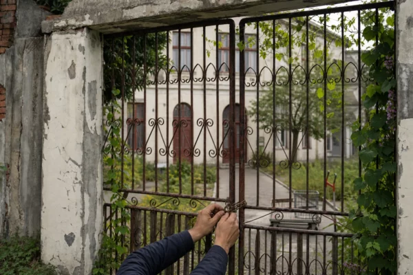 Grille d’entrée usée d’un lycée public français, mains sur la chaîne, façade scolaire et cour en arrière-plan.
