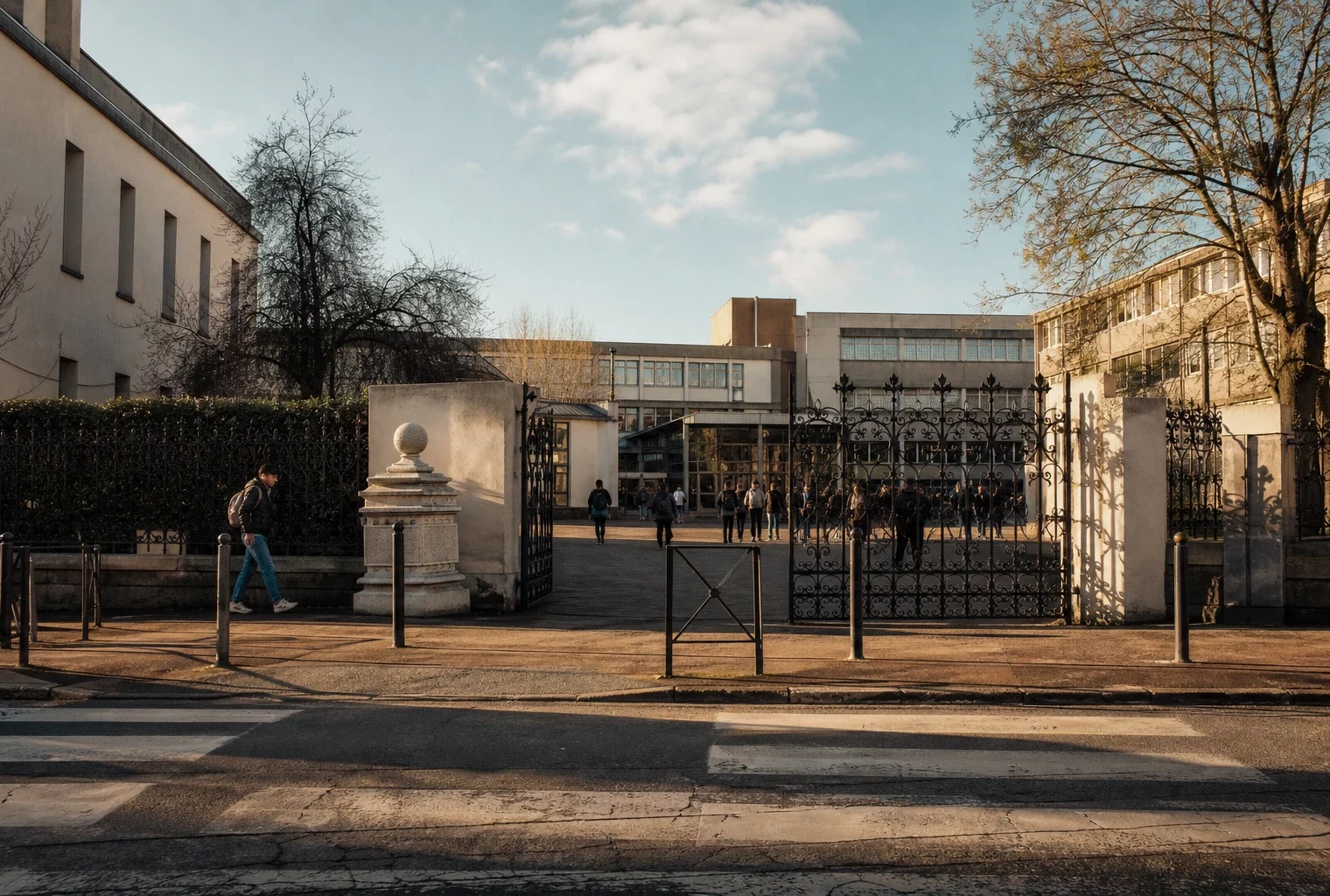 Grilles du lycée Auguste-Béhal à Lens au soleil bas, façade en arrière-plan et rue vide devant l’entrée.