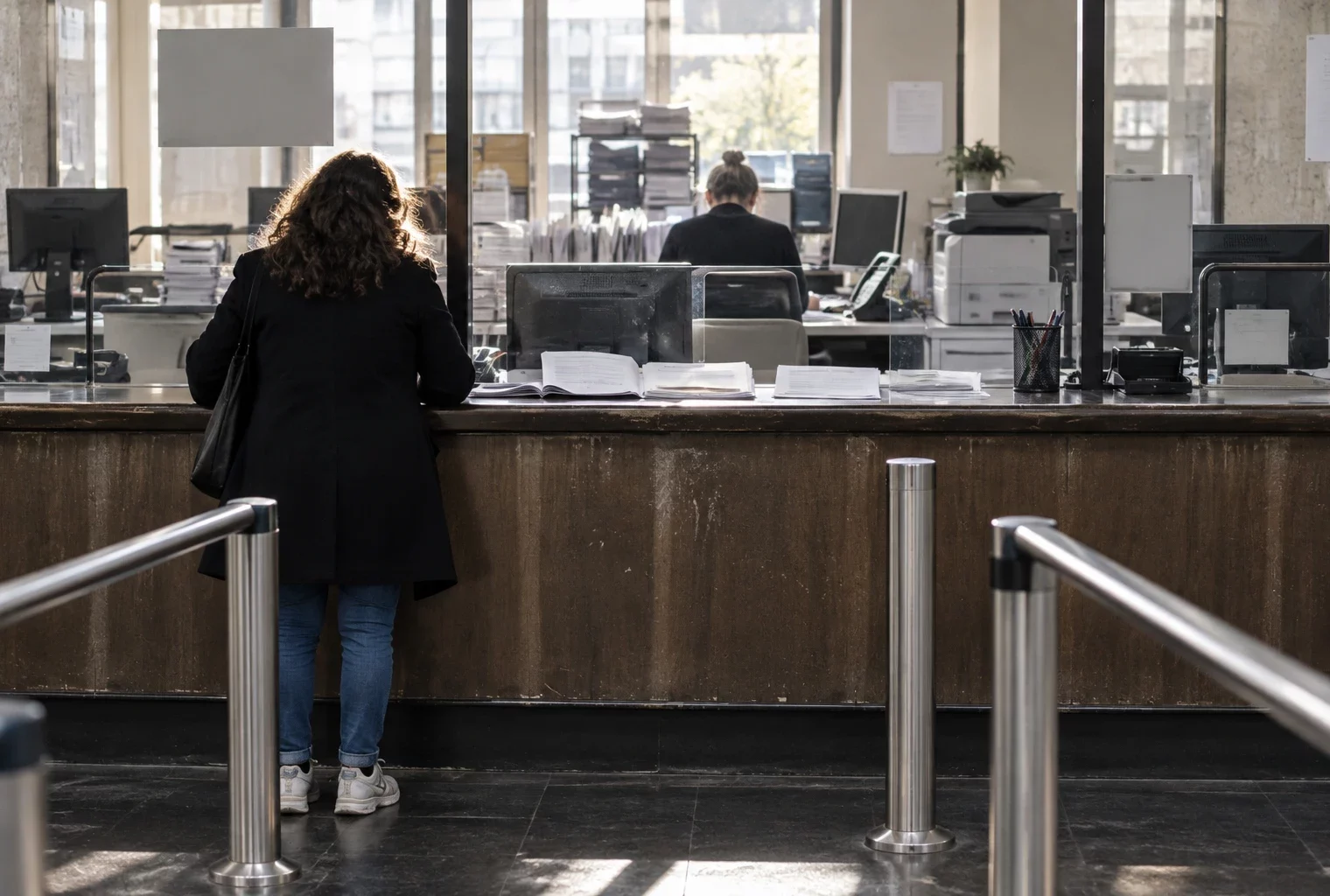 Un dossier administratif ouvert et des formulaires vierges sur le comptoir usé d’un guichet d’accueil, avec des postes de traitement en arrière-plan.