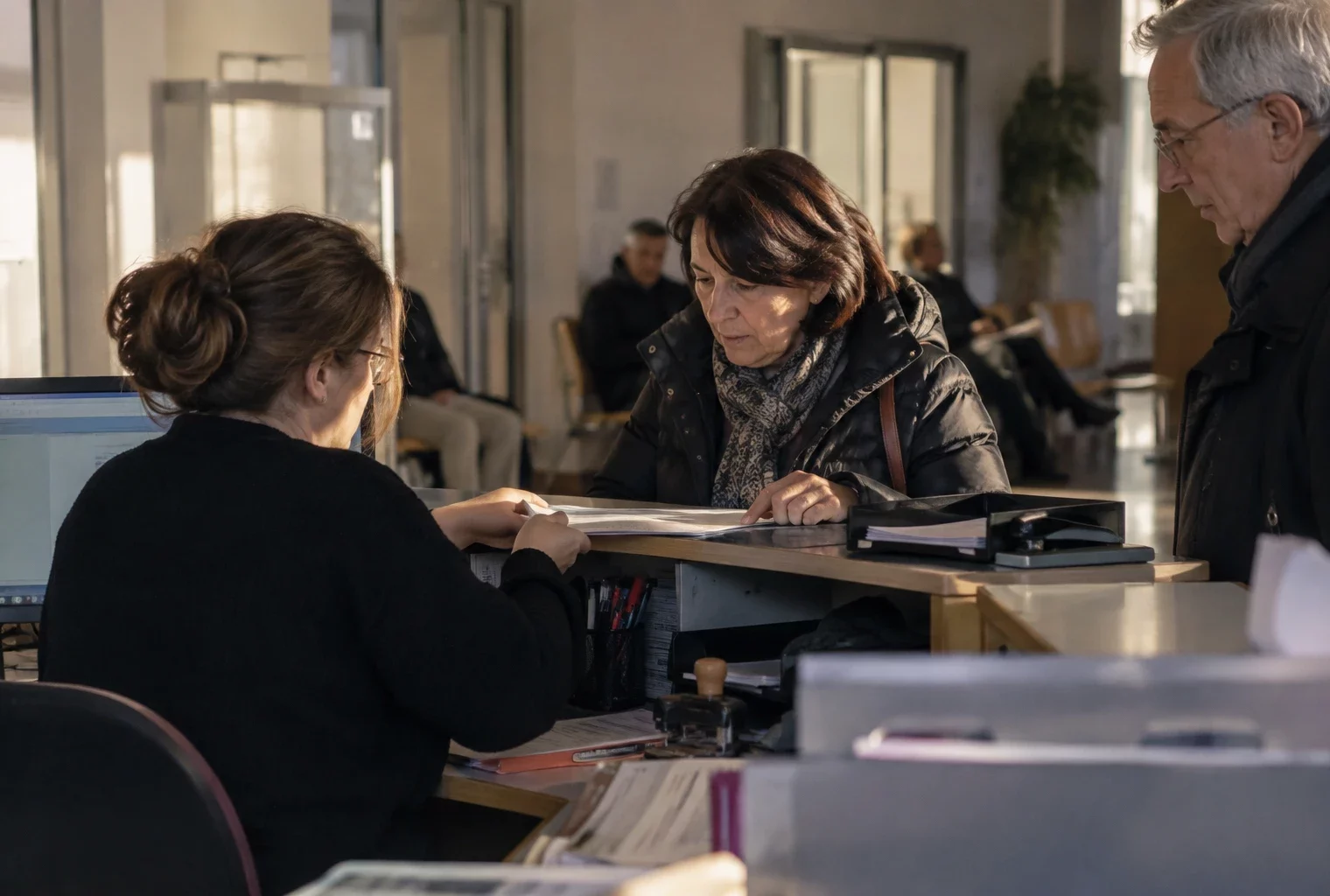 Comptoir d’accueil d’une mairie annexe avec registres et formulaires, dans un espace de service public sobre.