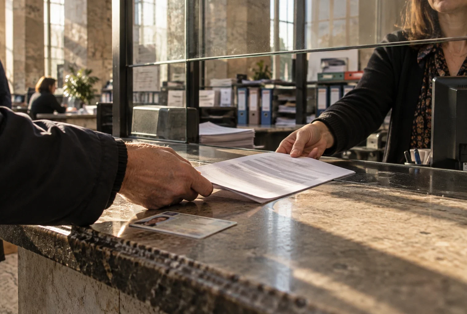 Des mains déposent un formulaire vierge d’inscription électorale au guichet d’une mairie, près d’une pièce d’identité.
