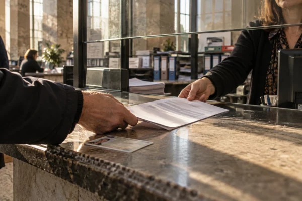 Des mains déposent un formulaire vierge d’inscription électorale au guichet d’une mairie, près d’une pièce d’identité.