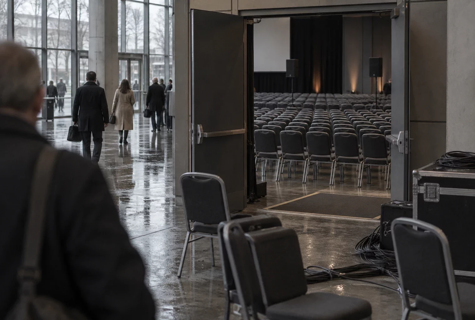 Chaises déplacées et câbles dans le hall d’un congrès, tandis que des élus rejoignent une salle de réunion ouverte.