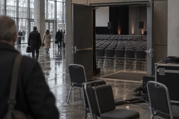 Chaises déplacées et câbles dans le hall d’un congrès, tandis que des élus rejoignent une salle de réunion ouverte.