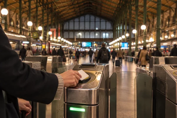 Gros plan sur des mains actionnant un portique d’accès aux quais dans un vaste hall de gare aux traces d’usure.