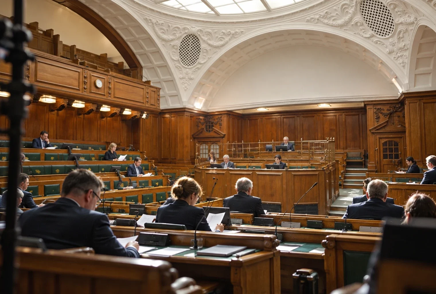 Des députés examinent un texte dans une chambre parlementaire aux gradins de bois, sous une voûte ornée et lumineuse.