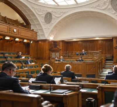 Des députés examinent un texte dans une chambre parlementaire aux gradins de bois, sous une voûte ornée et lumineuse.