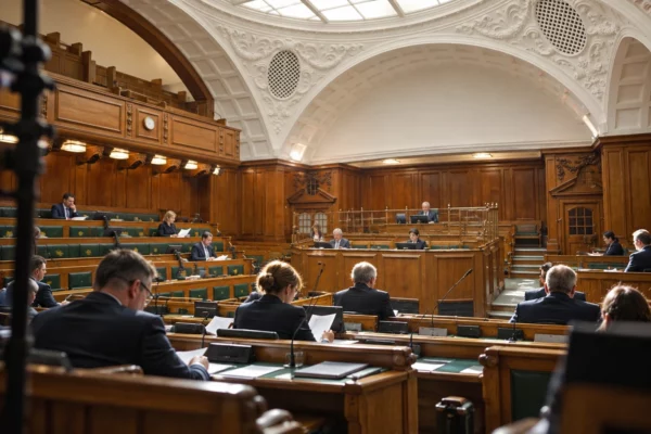 Des députés examinent un texte dans une chambre parlementaire aux gradins de bois, sous une voûte ornée et lumineuse.
