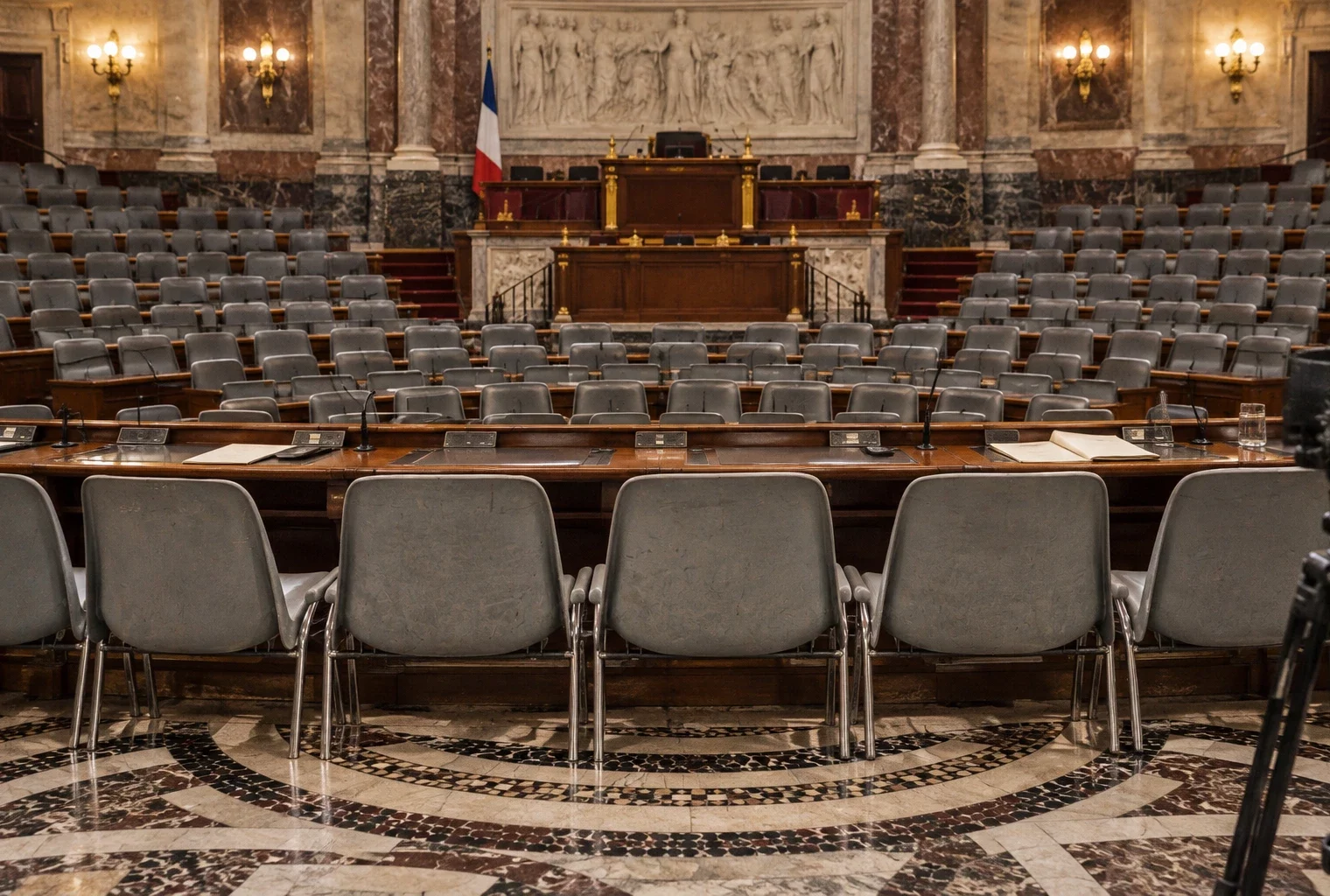Dans un hémicycle parlementaire vide, des pupitres équipés de microphones font face aux rangées de sièges et à la tribune.