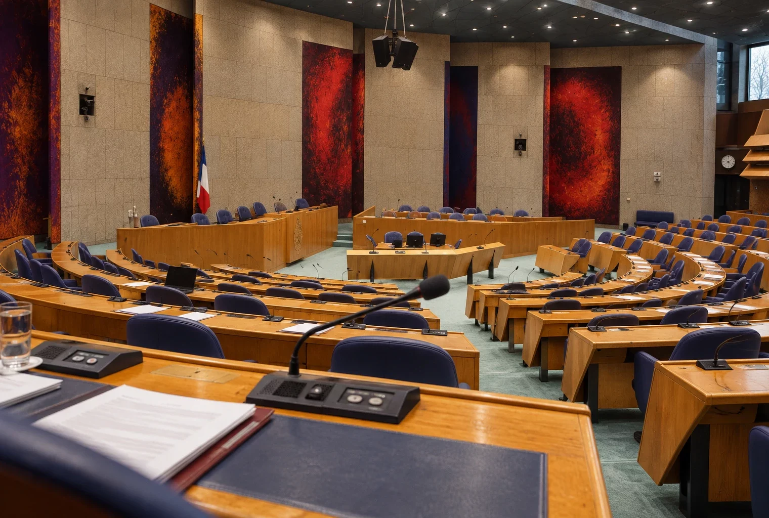 Pupitres en bois équipés de micros et de boîtiers de vote, disposés en arc de cercle dans un hémicycle parlementaire.