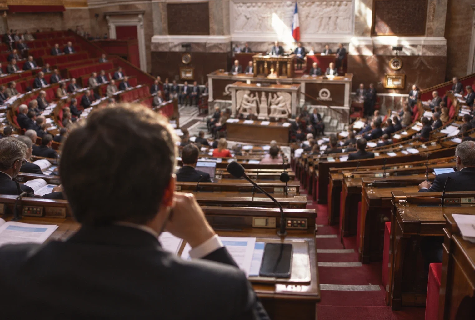 Dans l’hémicycle, des députés vus de dos siègent aux pupitres équipés de microphones, entre des rangées incurvées.