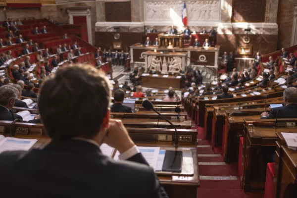 Dans l’hémicycle, des députés vus de dos siègent aux pupitres équipés de microphones, entre des rangées incurvées.