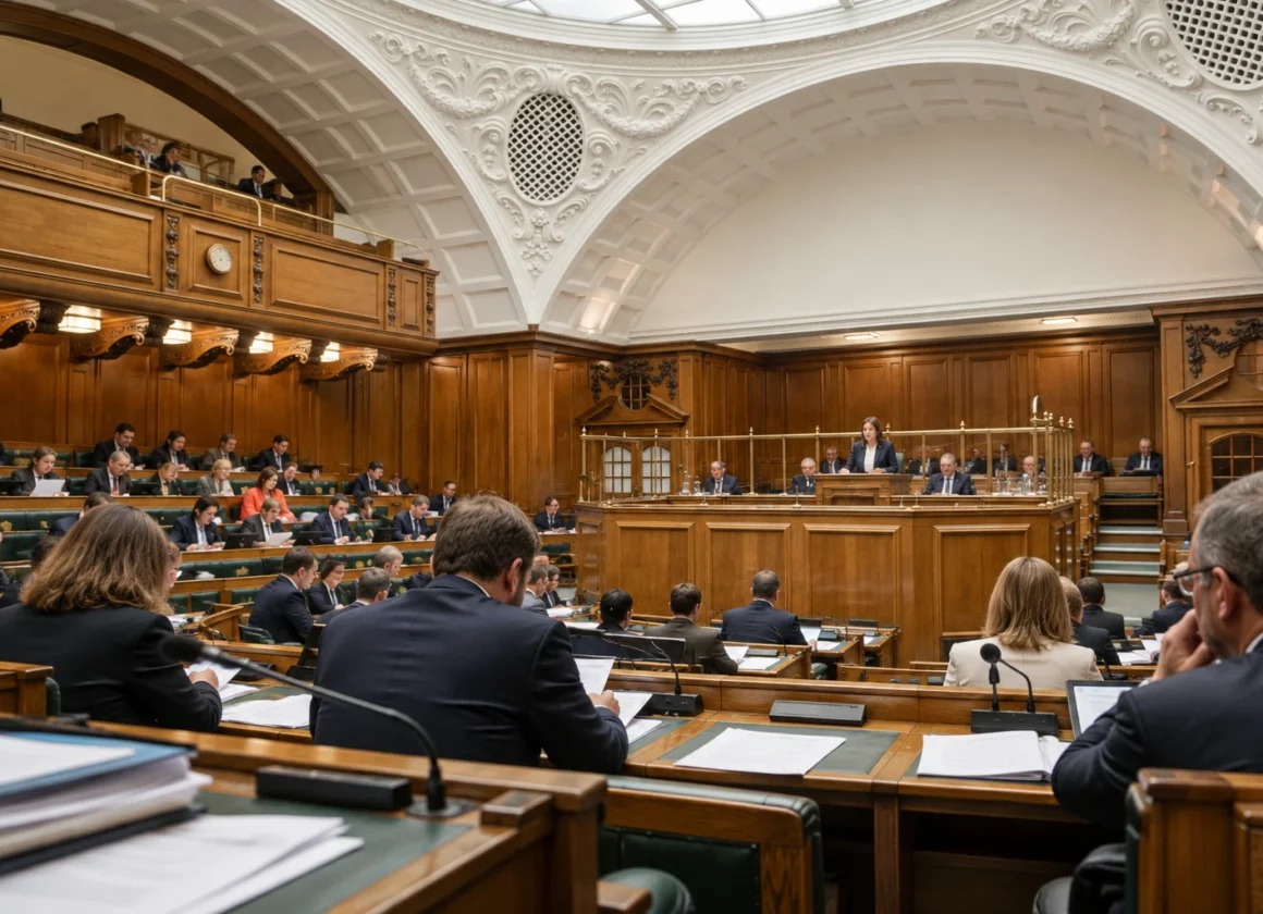 Pupitres en bois équipés de microphones et de documents dans une salle parlementaire aux rangées de sièges verts.