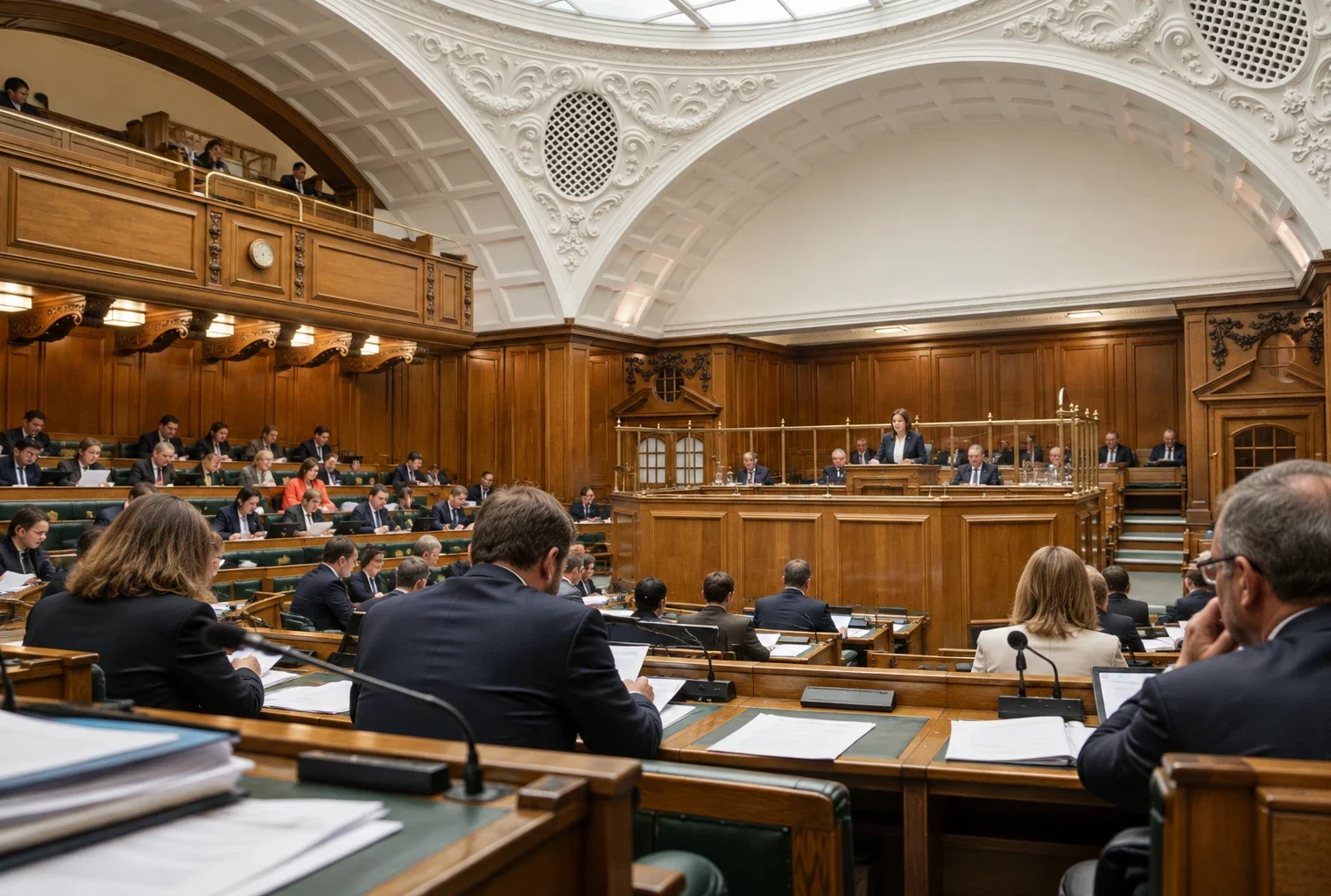 Pupitres en bois équipés de microphones et de documents dans une salle parlementaire aux rangées de sièges verts.