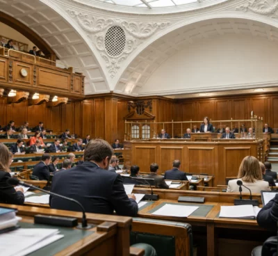 Pupitres en bois équipés de microphones et de documents dans une salle parlementaire aux rangées de sièges verts.