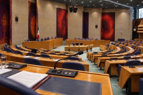 Pupitres en bois équipés de micros et de boîtiers de vote, disposés en arc de cercle dans un hémicycle parlementaire.