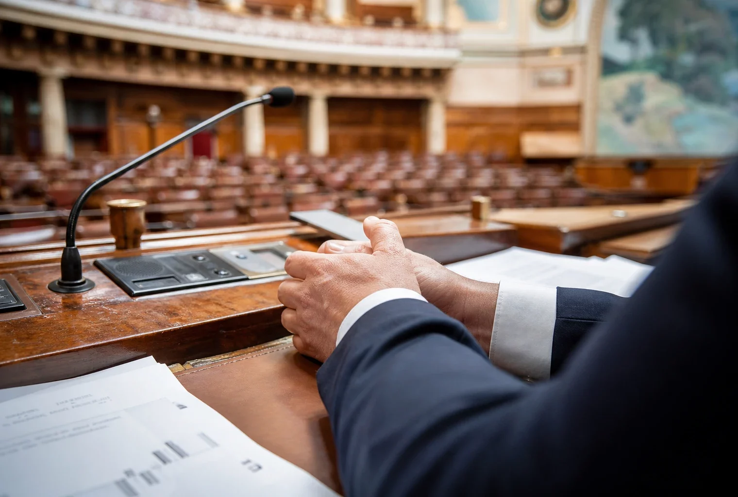 Dans l’hémicycle de l’Assemblée nationale, des mains posées près d’un micro et de dossiers sur un pupitre de vote.