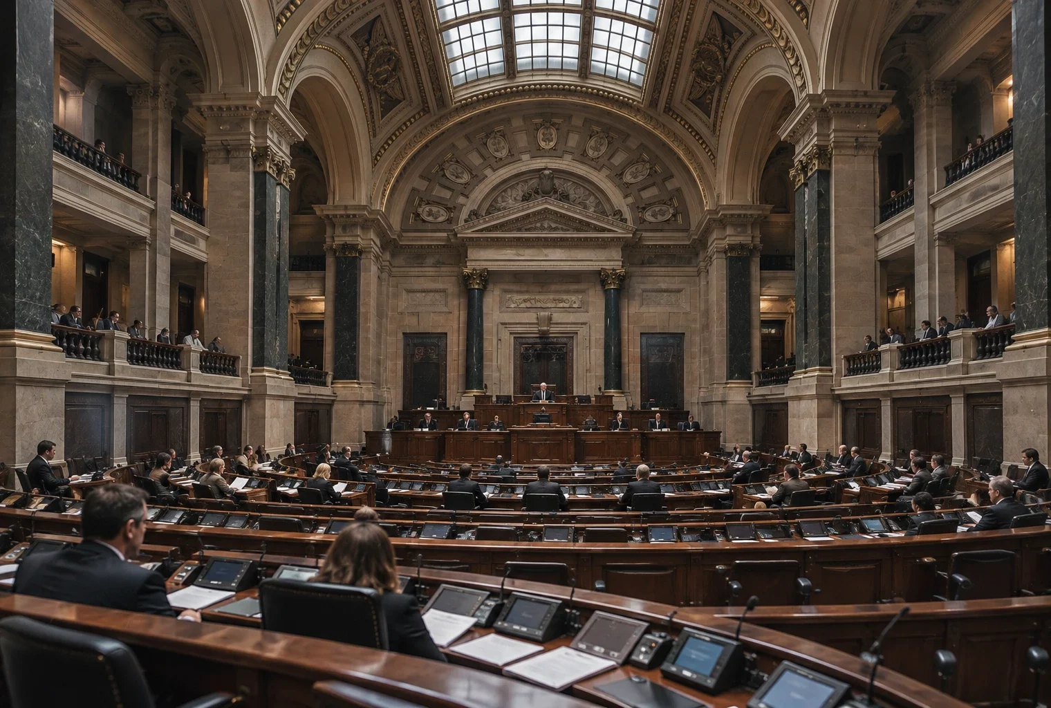 Des rangées de pupitres équipés de microphones et de consoles de vote dans un hémicycle parlementaire monumental.