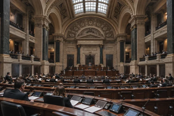 Des rangées de pupitres équipés de microphones et de consoles de vote dans un hémicycle parlementaire monumental.