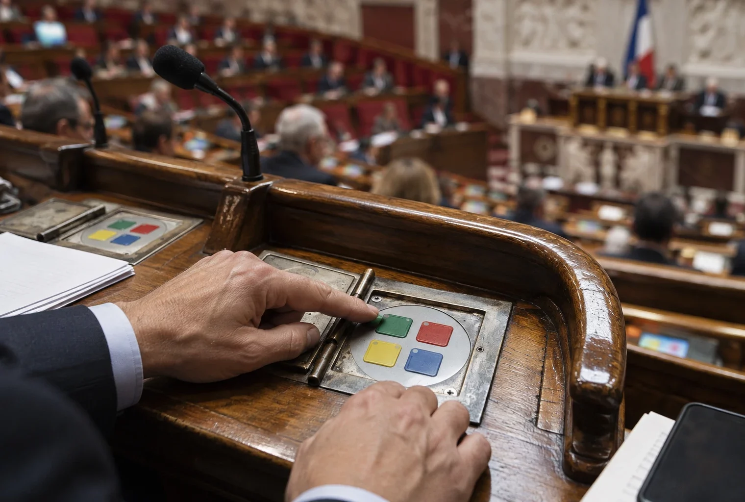 Des mains actionnent un boîtier de vote sur un pupitre usé, avec les rangées de sièges de l’hémicycle en arrière-plan.